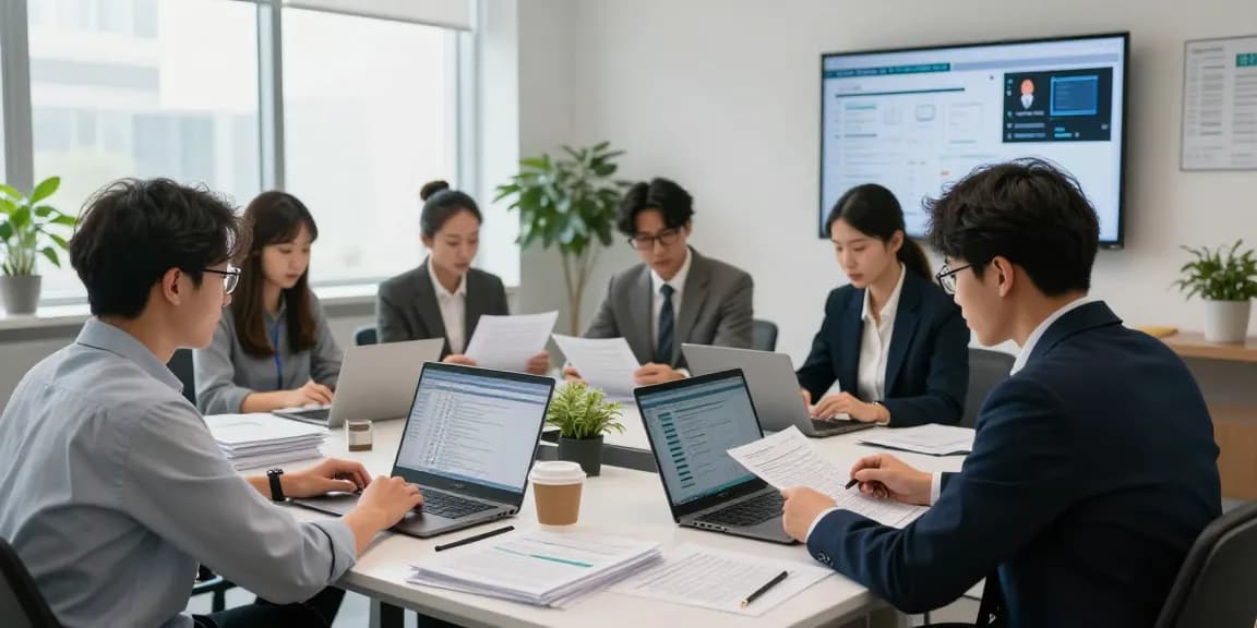 Collaboration at aafikotaserang.org in a modern forensic audit office showing diverse auditors discussing case strategies.
