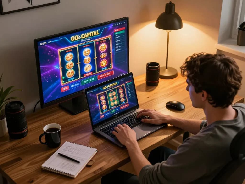 Engaged player enjoying an online game at GO8 CAPITAL casino, showcasing vibrant slot interface and cozy home setup.