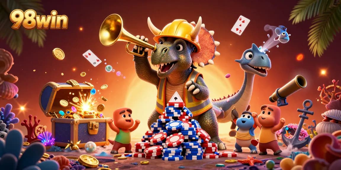 Experience the excitement of 98win as a triceratops builds poker chip pyramids, surrounded by underwater treasures.