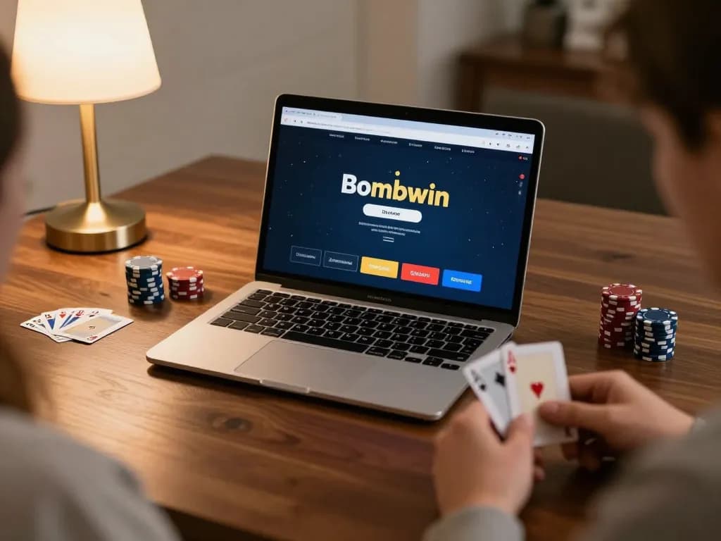 Bomwin online poker action with focused player holding cards in a cozy home setting