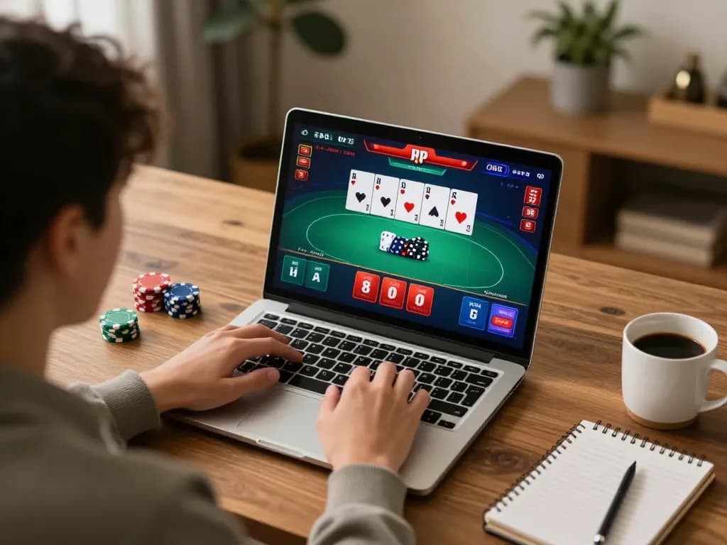 Experience the excitement of đăng ký SC88 while playing poker on a sleek laptop in a cozy home environment.