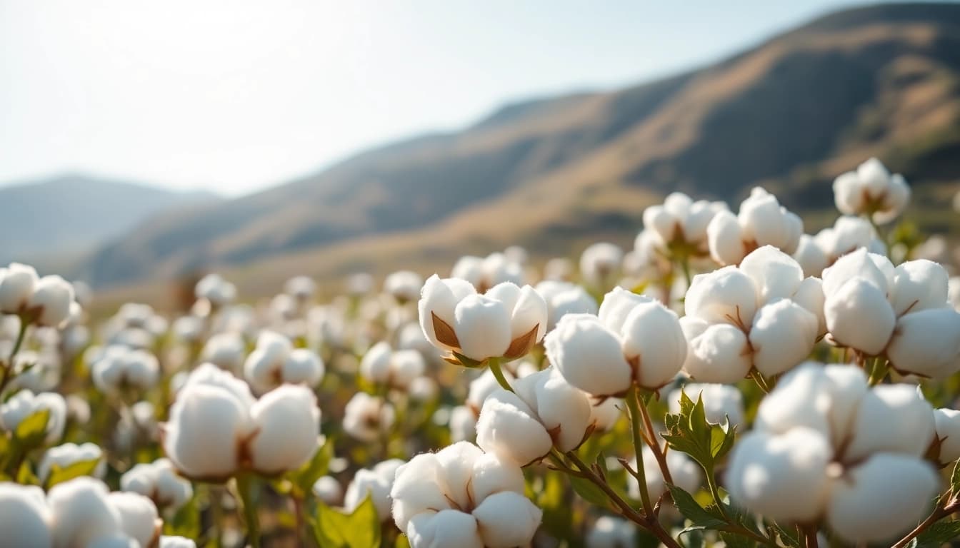 Katoenvelden met fluffy katoenplanten onder een heldere lucht.