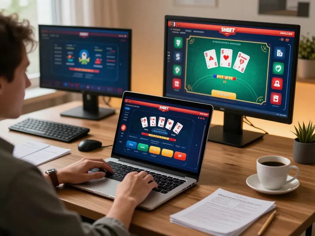 Engaging online gaming scene on SHBET .COM with laptop displaying dynamic poker gameplay.