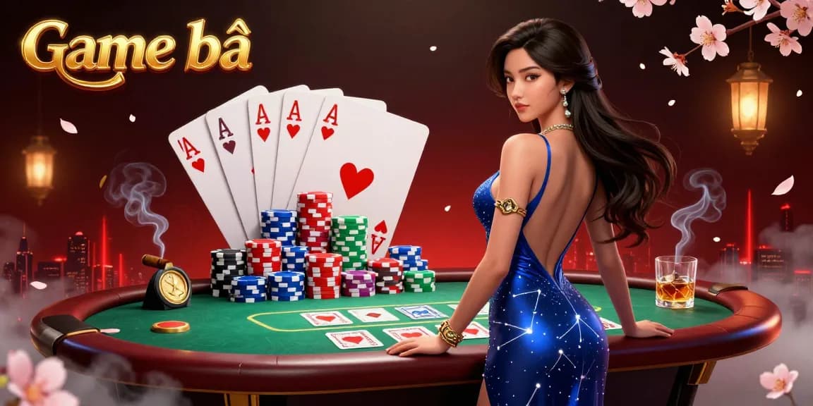 Engaging Game bài scene featuring an elegant Asian woman in a casino with poker elements and vibrant chips.