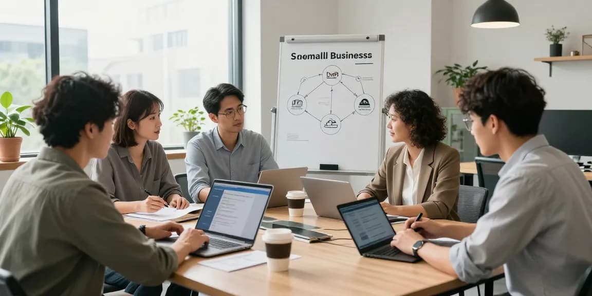 Team discussing a VoIP phone system for small business solutions in a modern office.