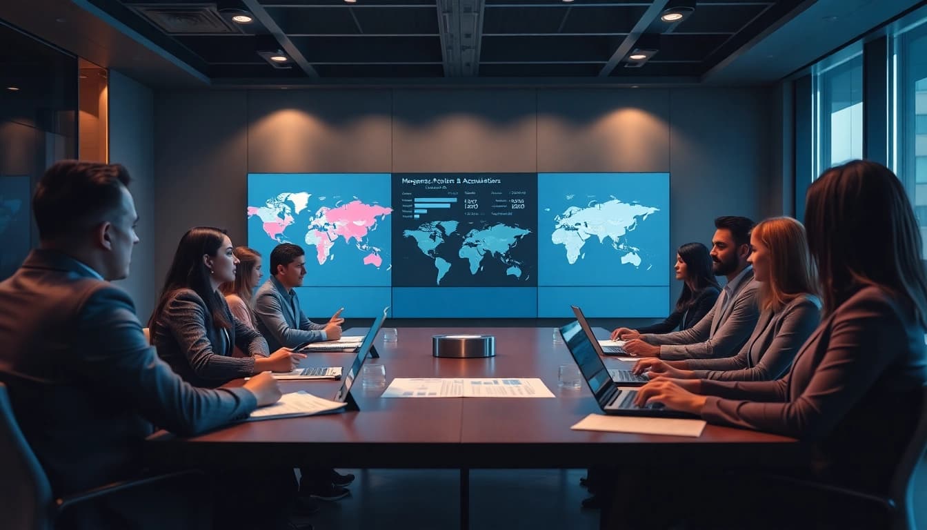 Mergers and acquisitions in the US illustrated through a diverse business meeting in a modern conference room.