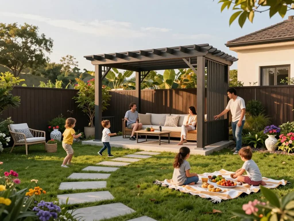 3D pergola providing shade for a family picnic in a vibrant backyard setting.
