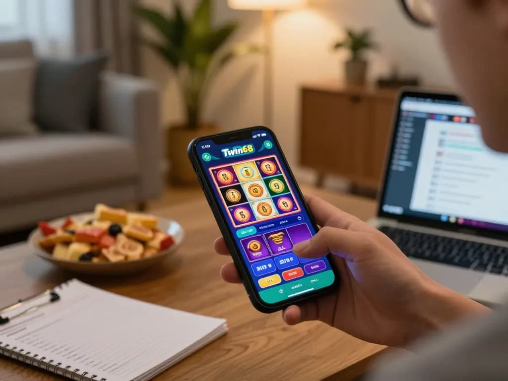 Player enjoying the Twin68 app on smartphone, experiencing exciting online games in a cozy setting