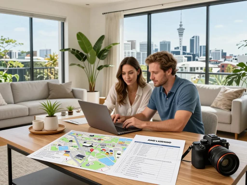 Airbnb management Auckland experts Ron and Sam strategizing in a modern home office.