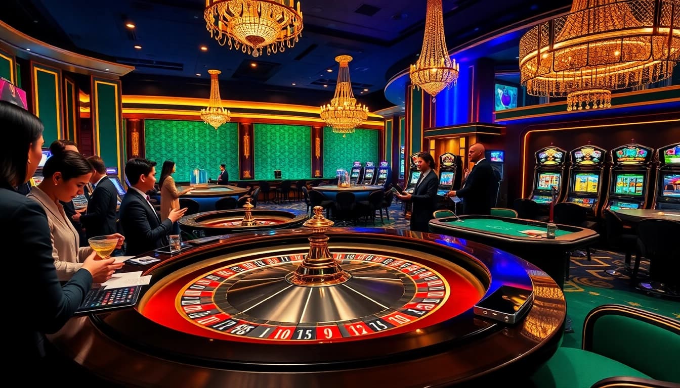 Nohu-themed casino scene featuring roulette table, elegant decor, and vibrant players engaging in gaming.