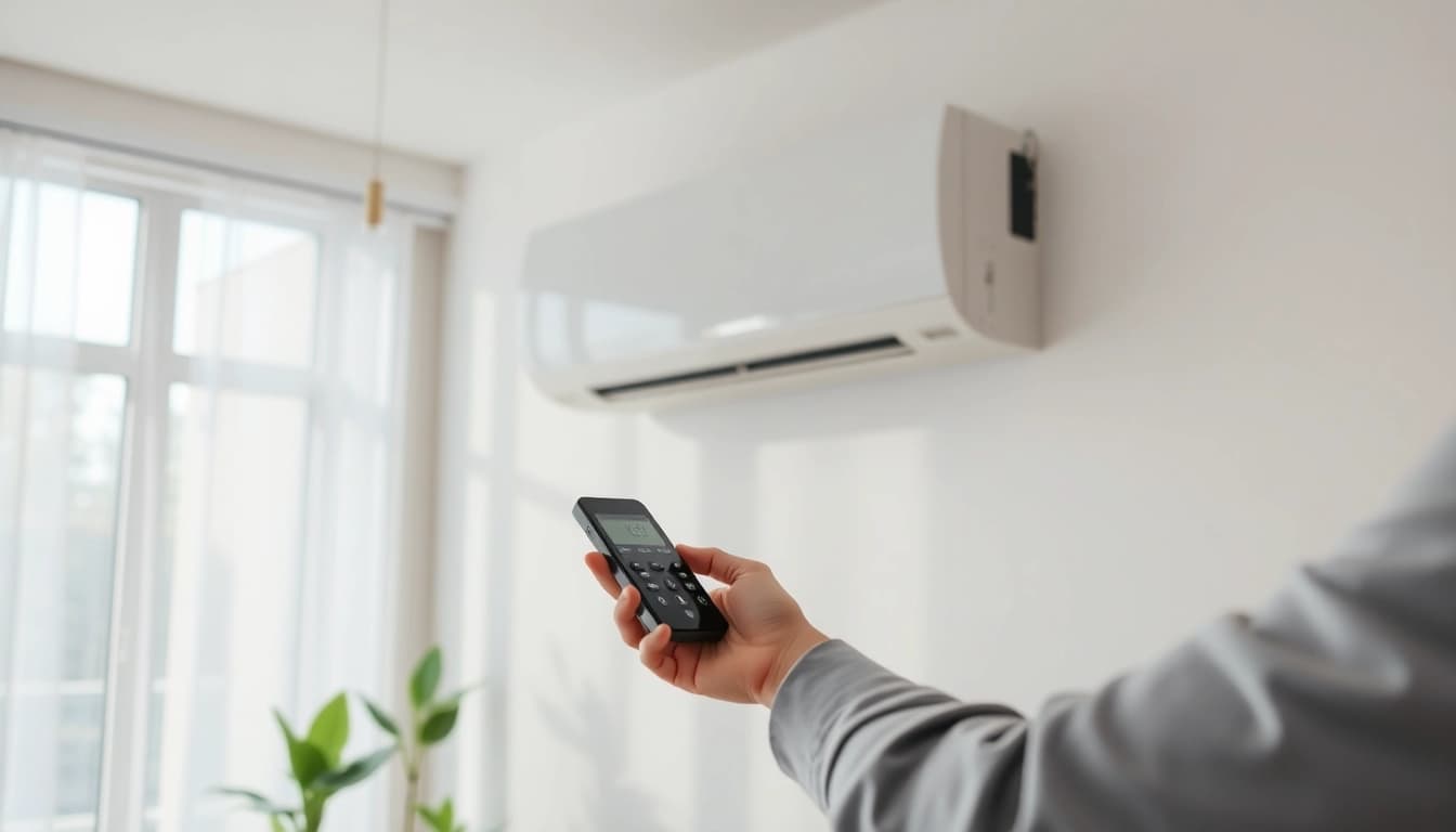 Adjusting the settings on a mini split ac in a stylish living room setting.