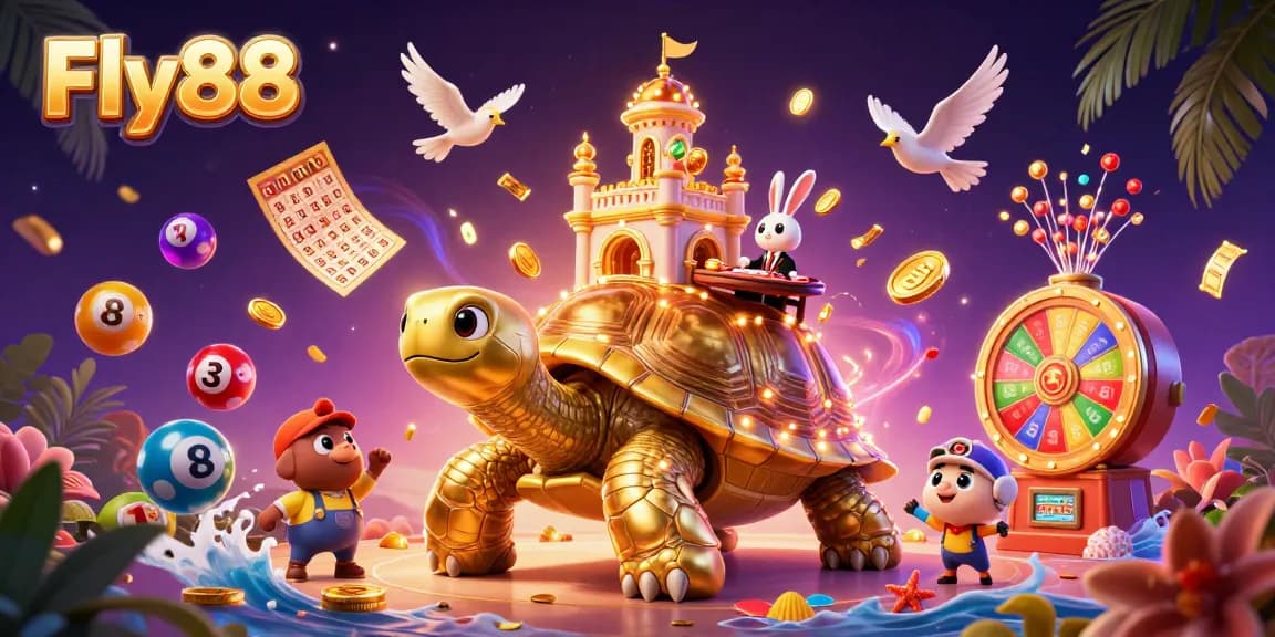 Experience the excitement of Fly88 with vibrant casino scenes featuring a golden tortoise and dynamic gaming elements.