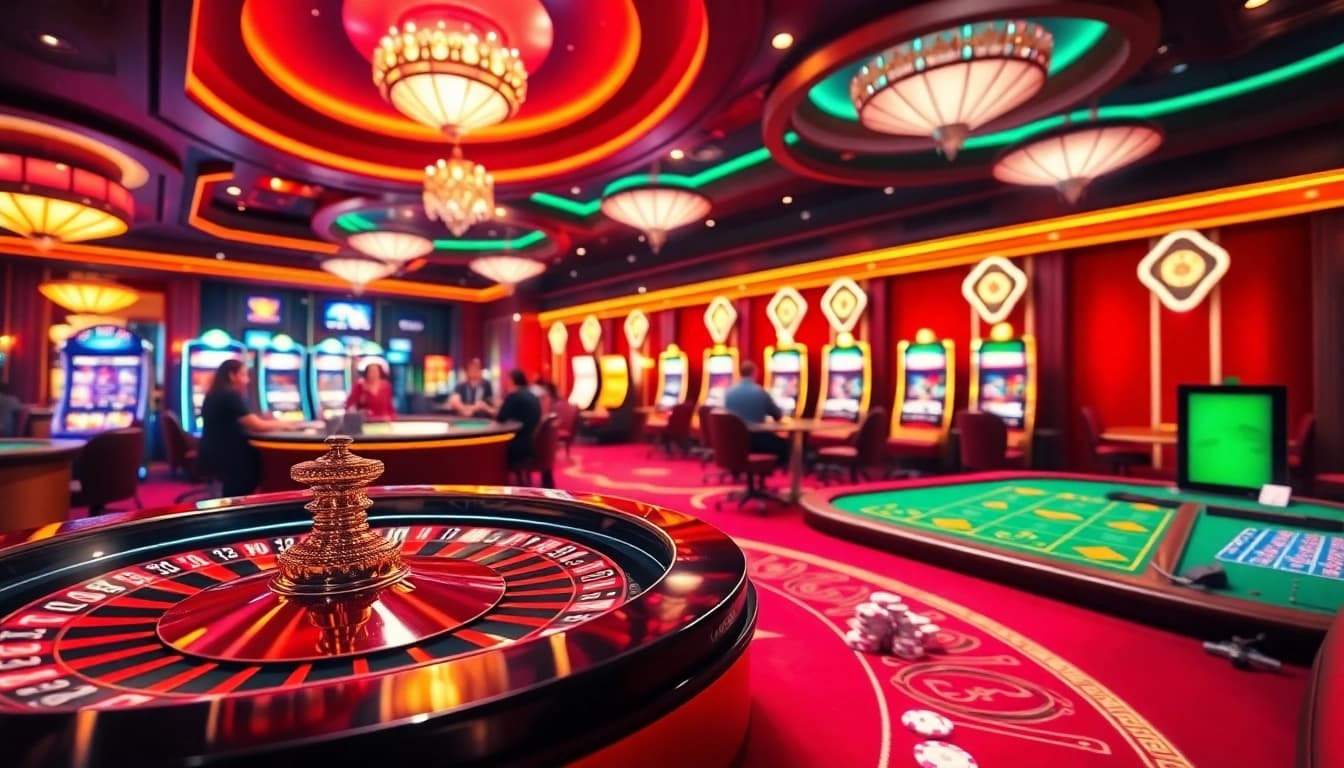 Exciting casino gaming scene showcasing players at 888VND COM with roulette wheel and slot machines.