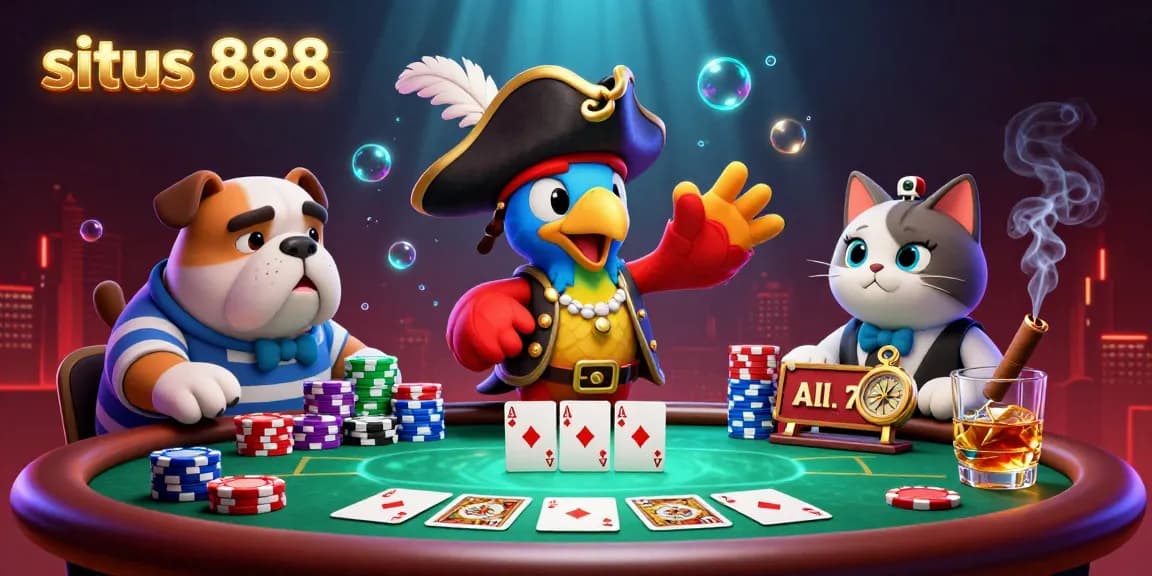 Spark excitement in situs 888 slots with a vibrant casino scene featuring poker elements and a lively atmosphere.