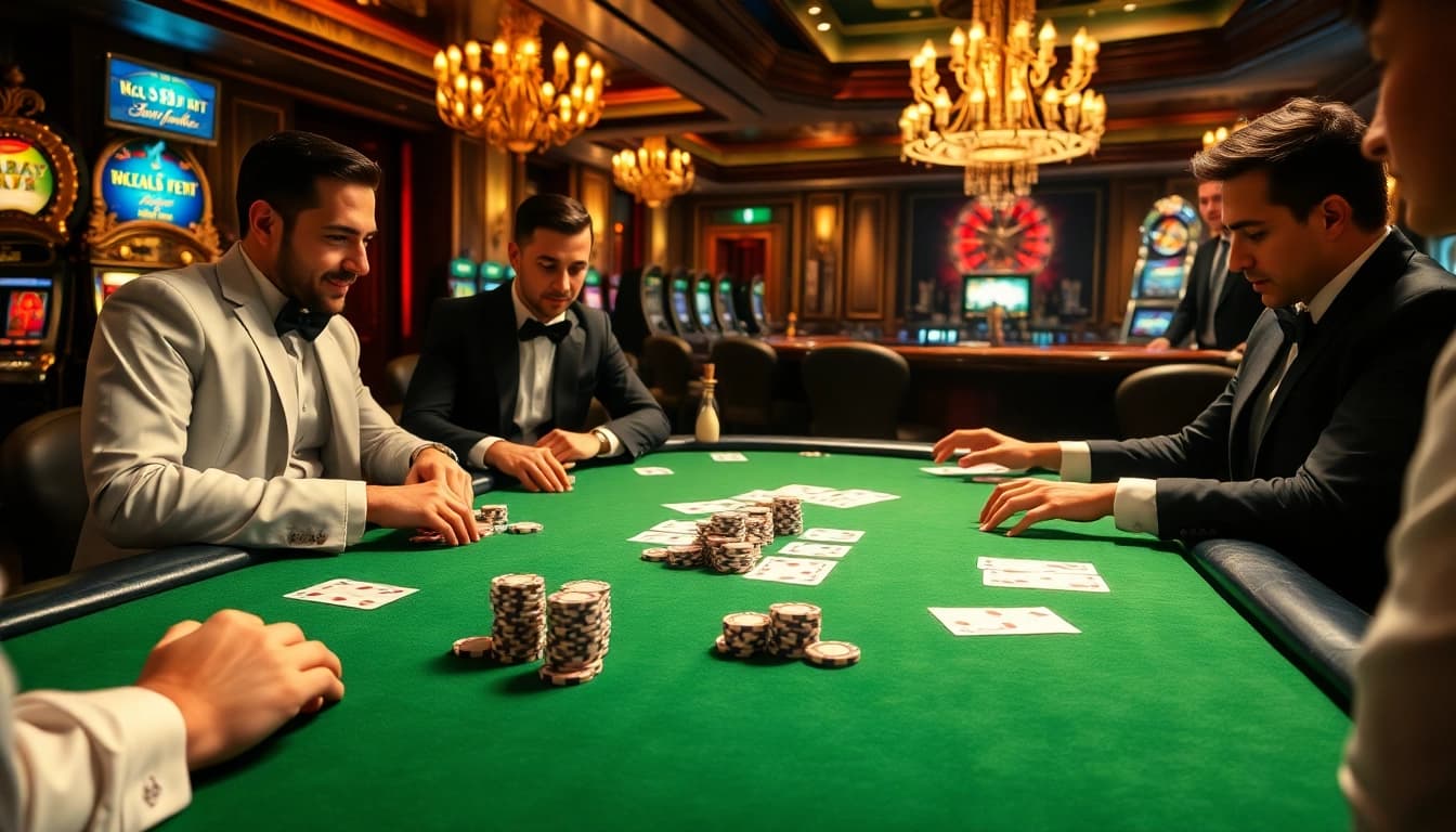 Players engage in a high-stakes B52 poker game filled with excitement and luxury, showcasing vibrant casino elements.