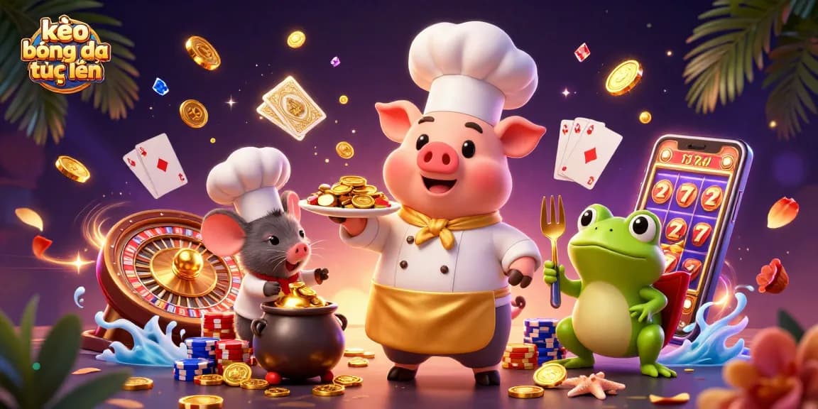 Engage with kèo bóng đá trực tuyến in this vibrant gaming scene featuring a pig chef serving gold coins and a mouse sous-chef.
