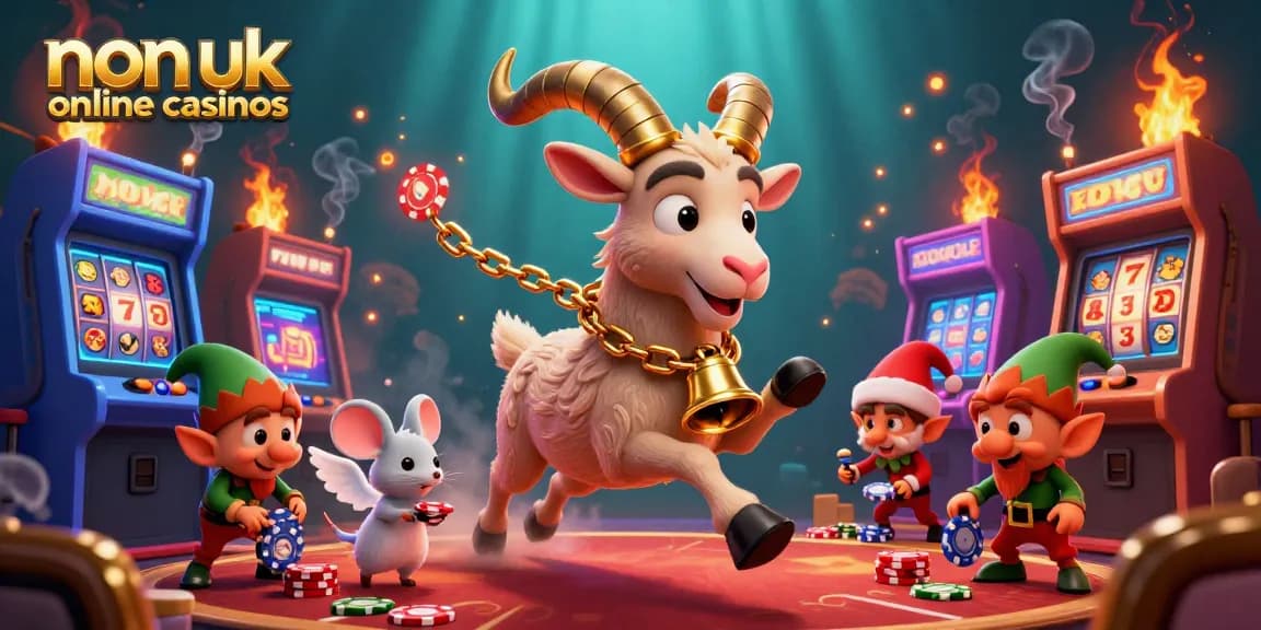 Engaging scene of non uk online casinos with Krampus goat, angel mouse, and gremlins in action.