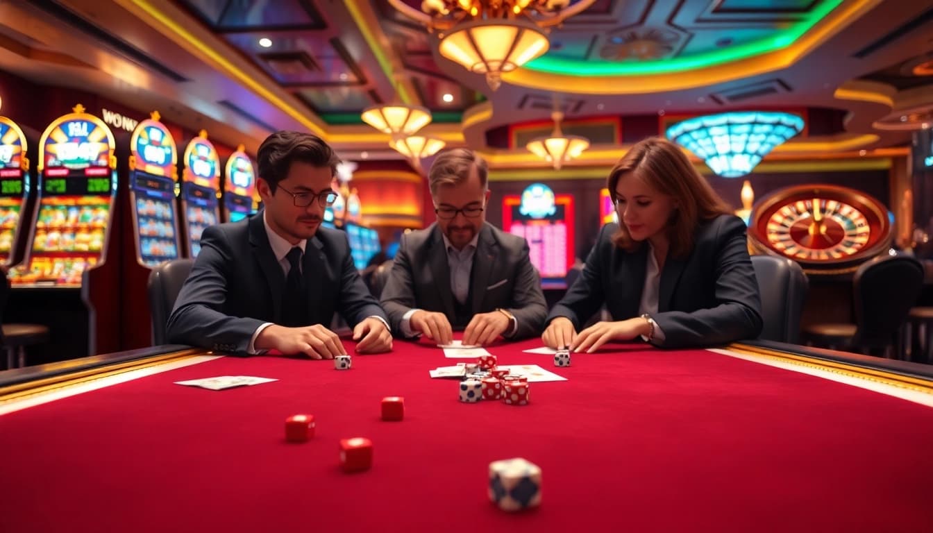 Exciting poker game at okfun.jpn.com with vibrant chips and bets amid a luxurious casino atmosphere.