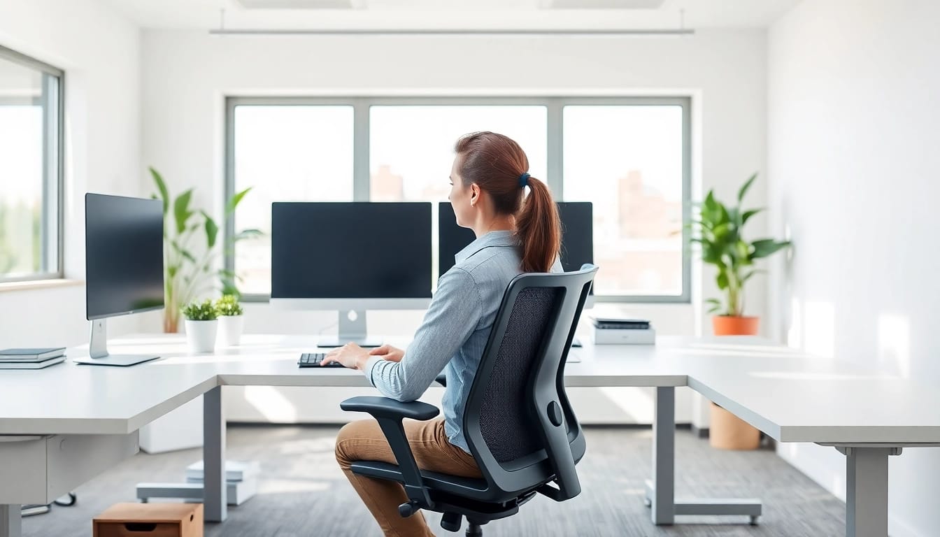 Learn how to improve posture with this ergonomic office scene demonstrating proper sitting techniques.