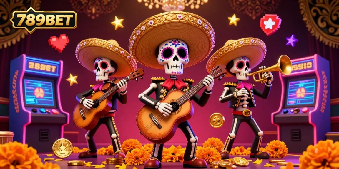 Experience thrilling gaming action with 789BET's vibrant casino scene featuring a lively mariachi band and colorful game elements.