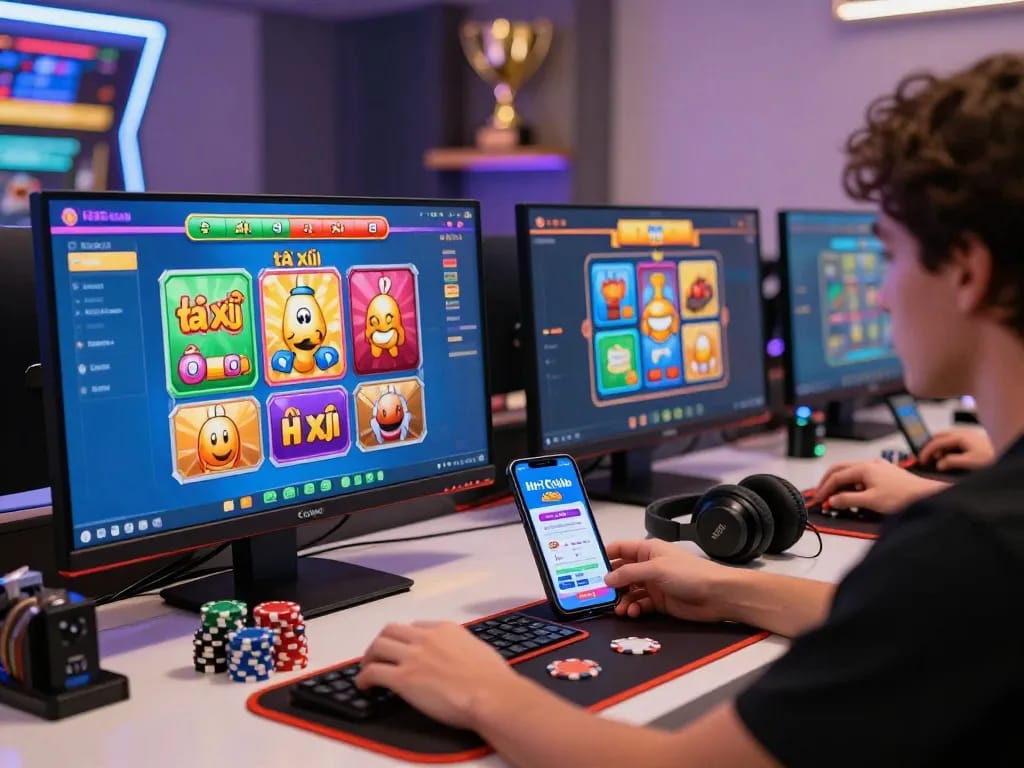 Exciting scene of a gamer engaging with tải hitclub on multiple screens, showcasing vibrant casino graphics.