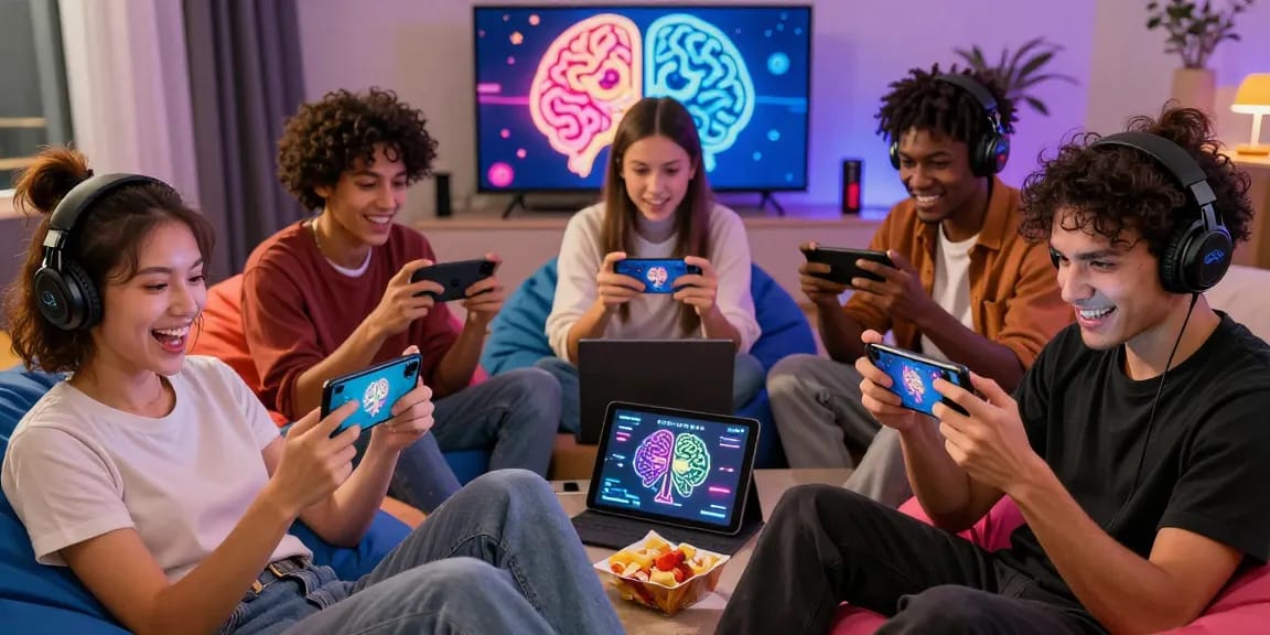 Diverse players enjoying mind control hentai games on mobile devices in a cozy gaming space.