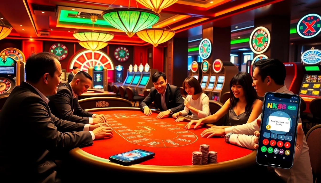 Winning strategies with the NK88 APP highlighted in a vibrant casino environment featuring tables and players.