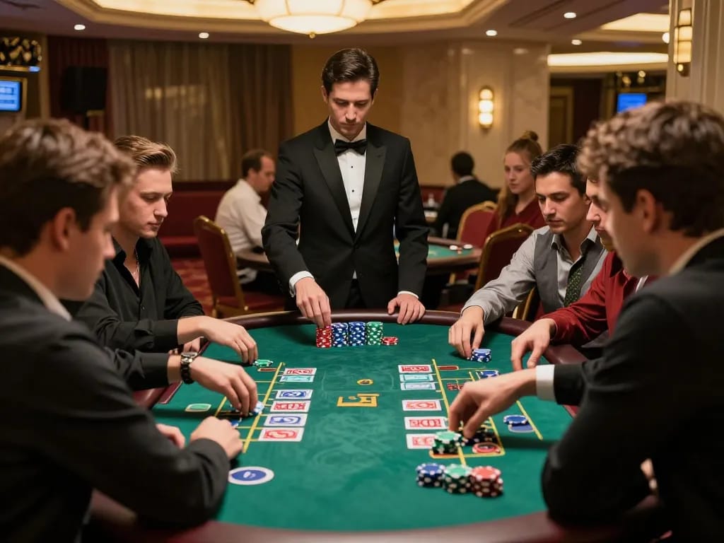 Players strategically engaging in blackjack at tg88 casino with vibrant chips and professional dealer.