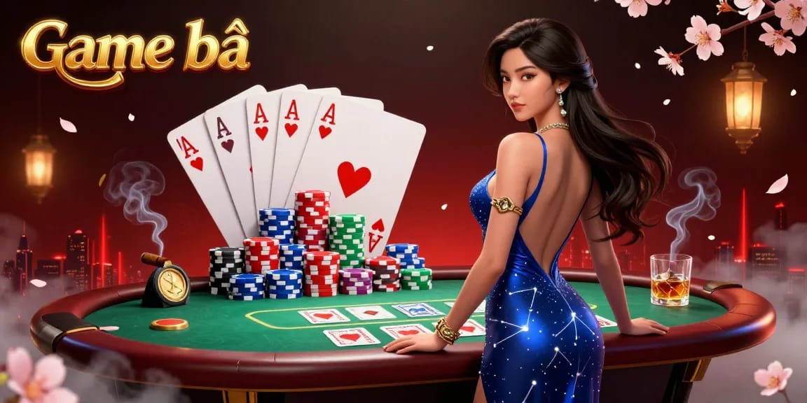 Engaging Game bài scene featuring an elegant Asian woman in a casino with poker elements and vibrant chips.