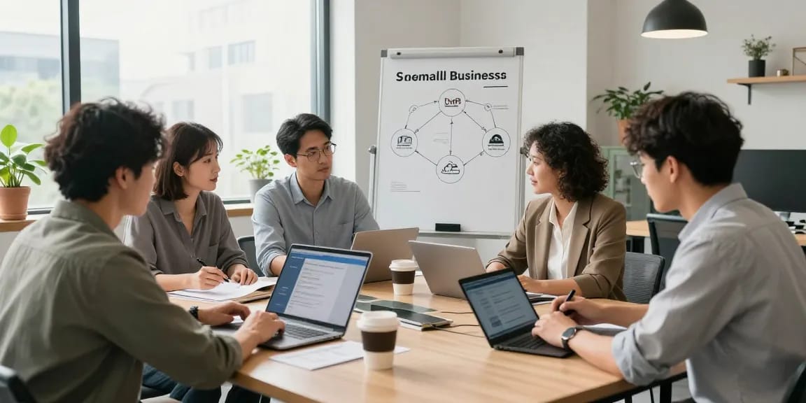 Team discussing a VoIP phone system for small business solutions in a modern office.