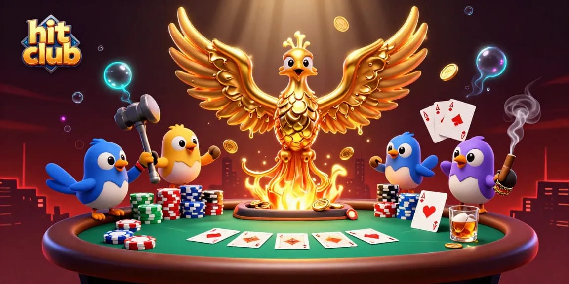 Engage with hit club strategies while enjoying a vibrant casino scene featuring a golden phoenix and poker dynamics.
