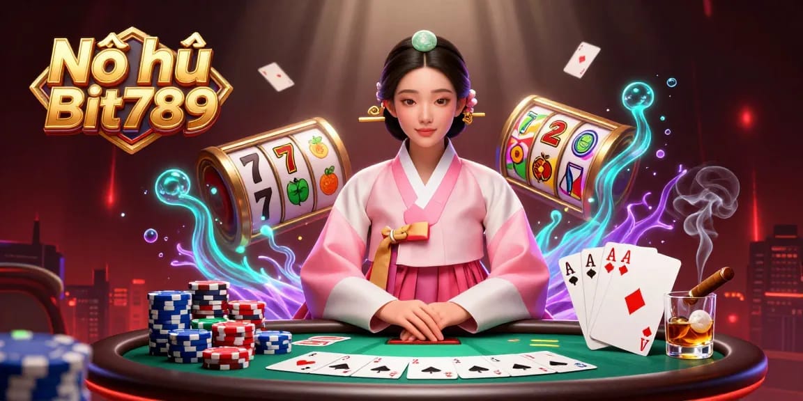 Nổ hũ Bit789 jackpot slot game scene with Asian woman in hanbok and vibrant casino elements.