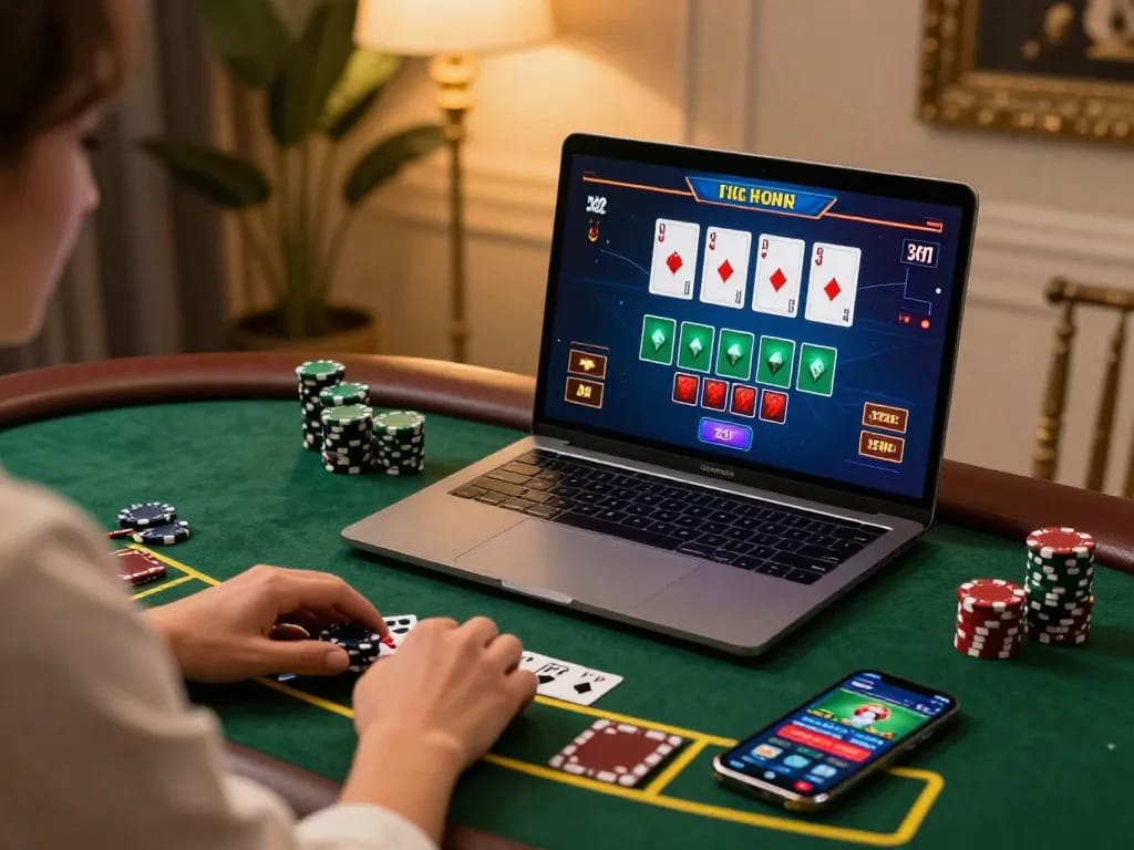 Engaged user experiencing SHBET .COM live dealer blackjack on a modern laptop, showcasing strategic play.