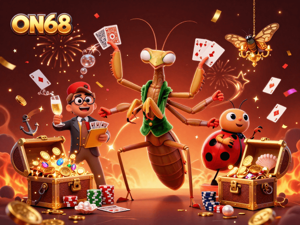 ON68 engages players with dynamic gambling, showcasing a vibrant 3D casino scene filled with excitement.