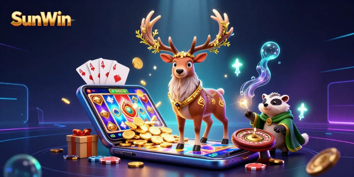 Engage in thrilling gameplay at SunWin with a vibrant casino scene featuring dynamic slot games and characters.