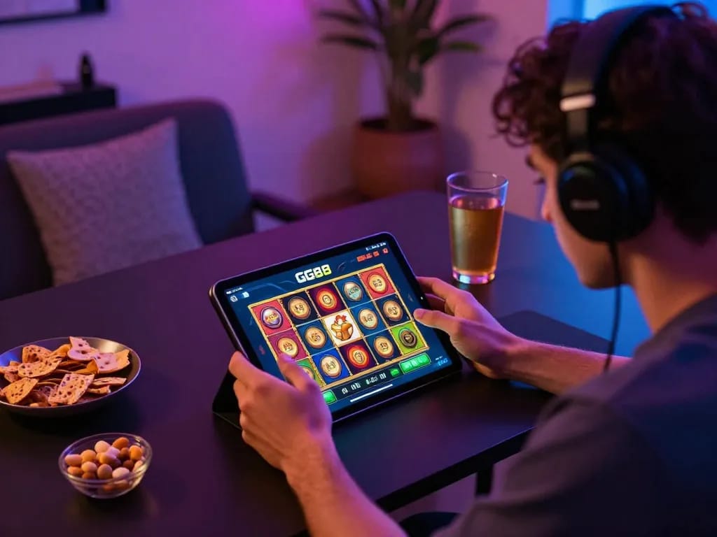 Player engaging with GG88 slot Link on tablet in a cozy home setting, showcasing online gambling excitement.