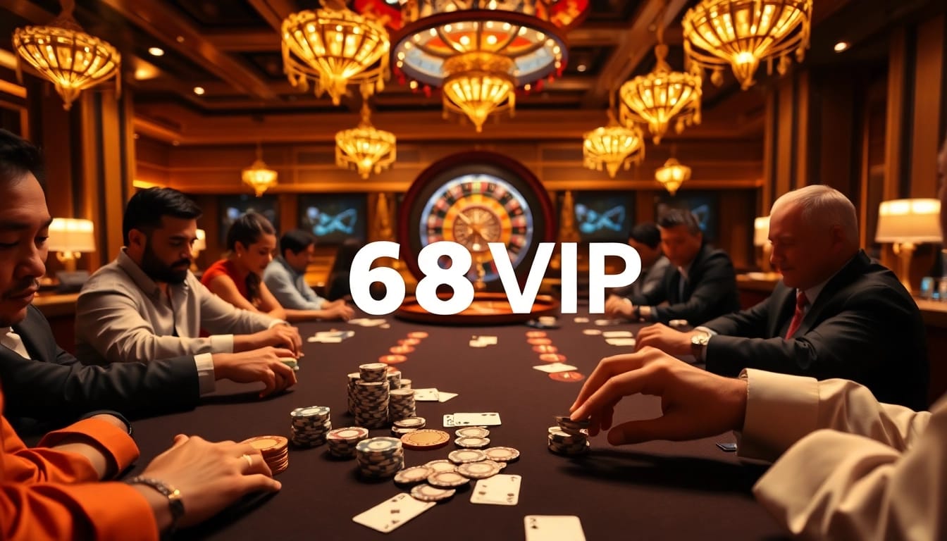 Experience the thrill of poker action at 68VIP casino with vibrant players and classic gambling elements.