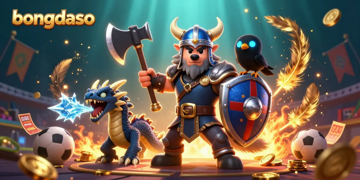 Bongdaso brings sports betting excitement with a Viking warrior and dragon in a dynamic 3D scene.