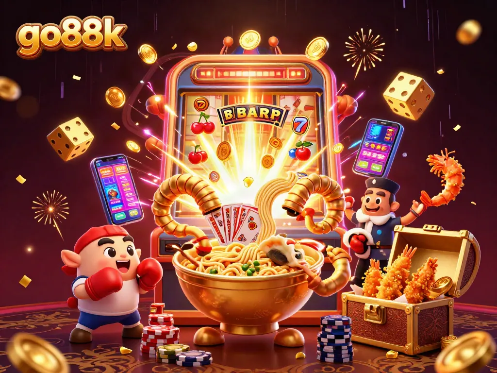go88k engages players with vibrant casino excitement featuring a golden ramen bowl and dynamic game elements.
