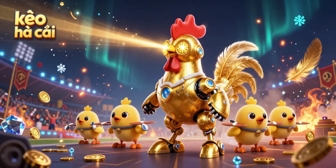 Engage with kèo nhà cái in this vibrant sports betting scene featuring a golden rooster robot.