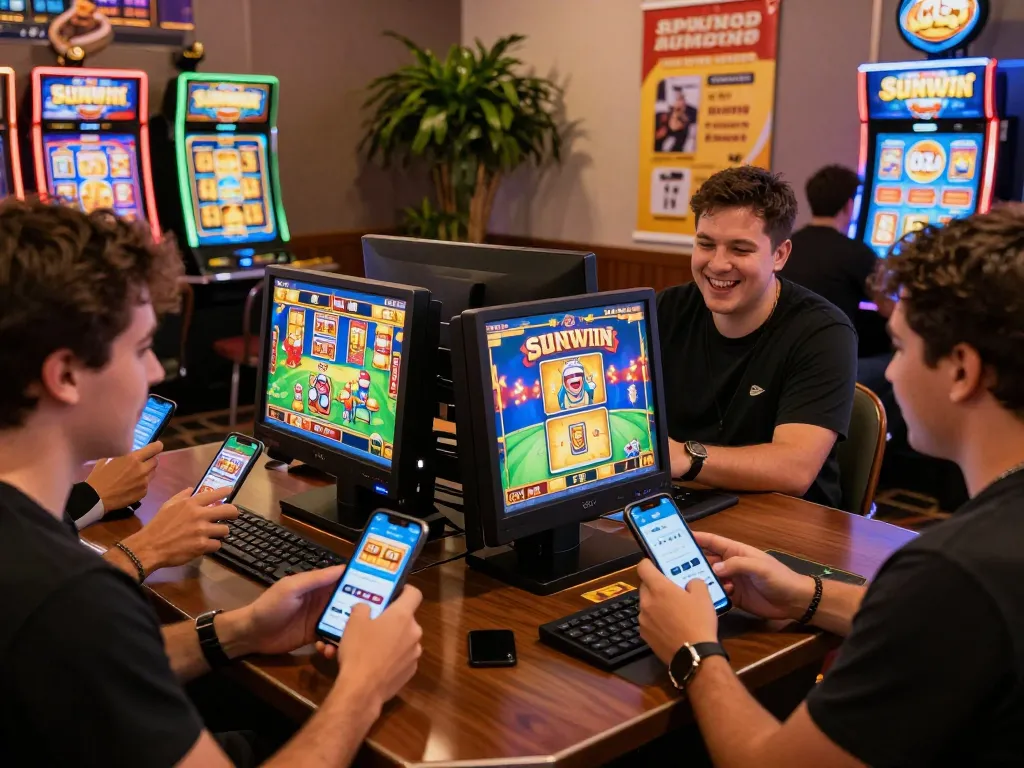 Excited players downloading the tải sunwin app in a vibrant online casino atmosphere.