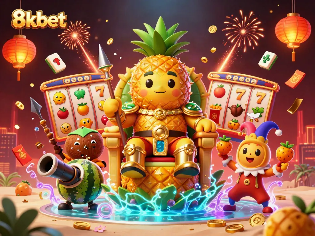 Engage with 8xbet's vibrant casino scene featuring a pineapple king and dynamic game elements.