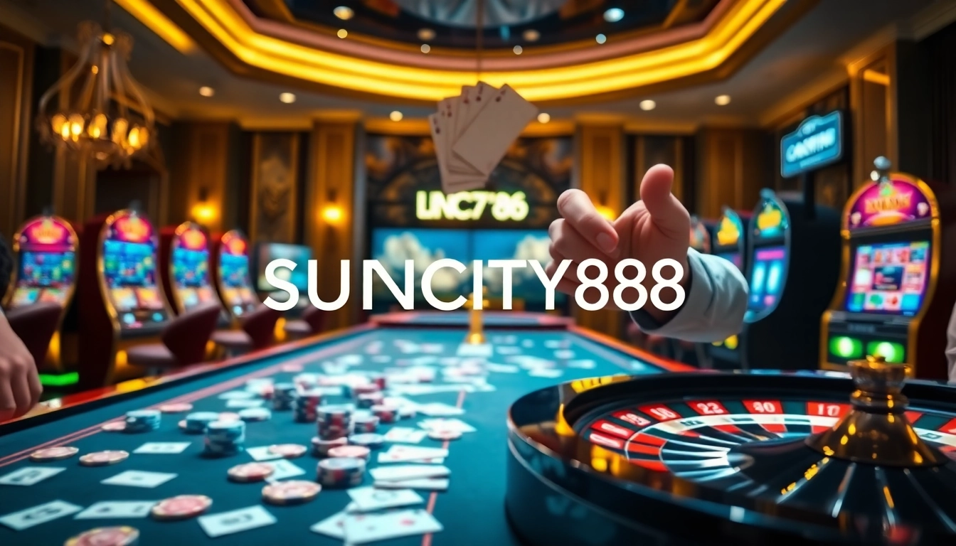 Play to win at SUNCITY888 with vibrant casino tables showcasing poker chips and cards.