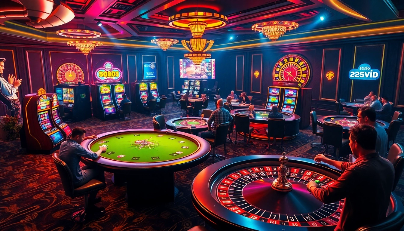 Engaged players immersed in the exciting world of 888vi 22vip casino games, showcasing vibrant slot machines and poker tables.