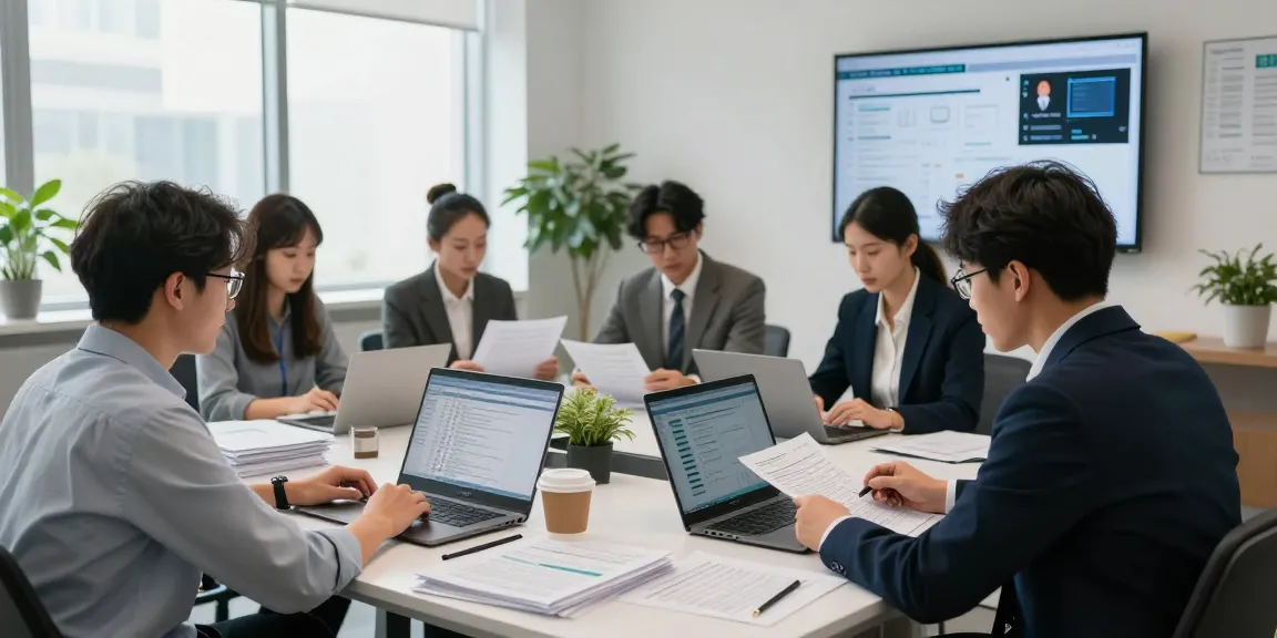 Collaboration at aafikotaserang.org in a modern forensic audit office showing diverse auditors discussing case strategies.