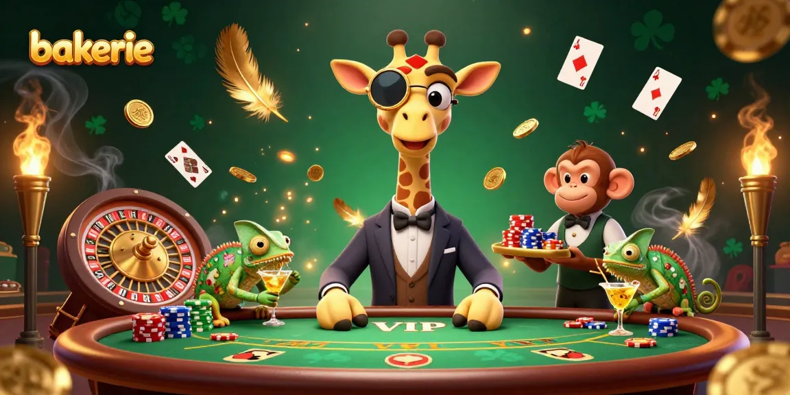 Join the excitement at bakerie as the high-roller giraffe deals poker amidst swirling coins and vibrant casino action.