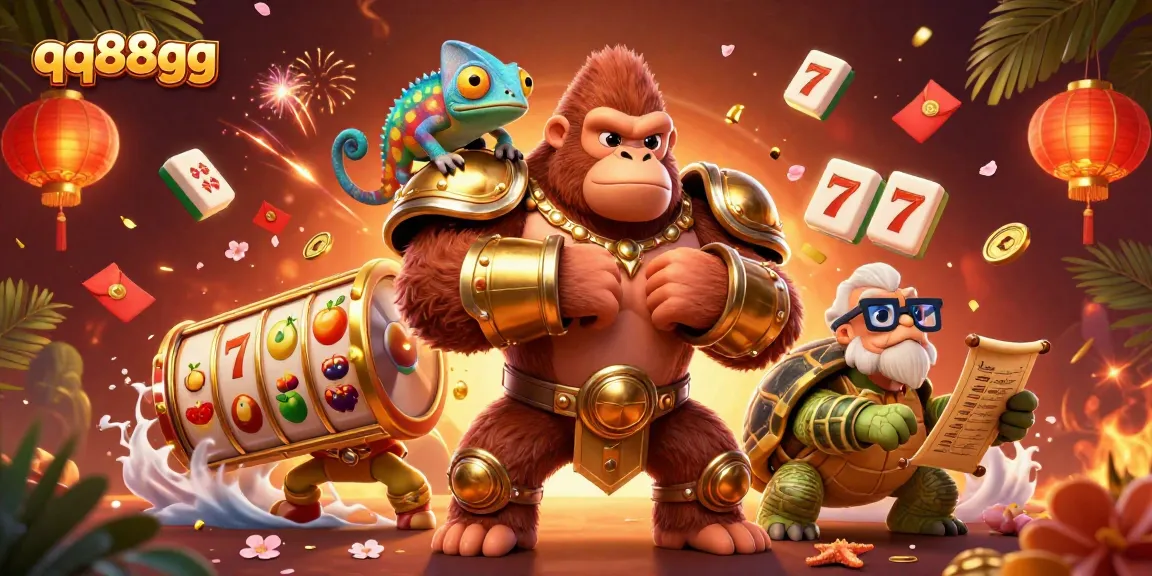 Engage with qq88gg's dynamic casino gaming scene featuring vibrant characters and energetic elements.