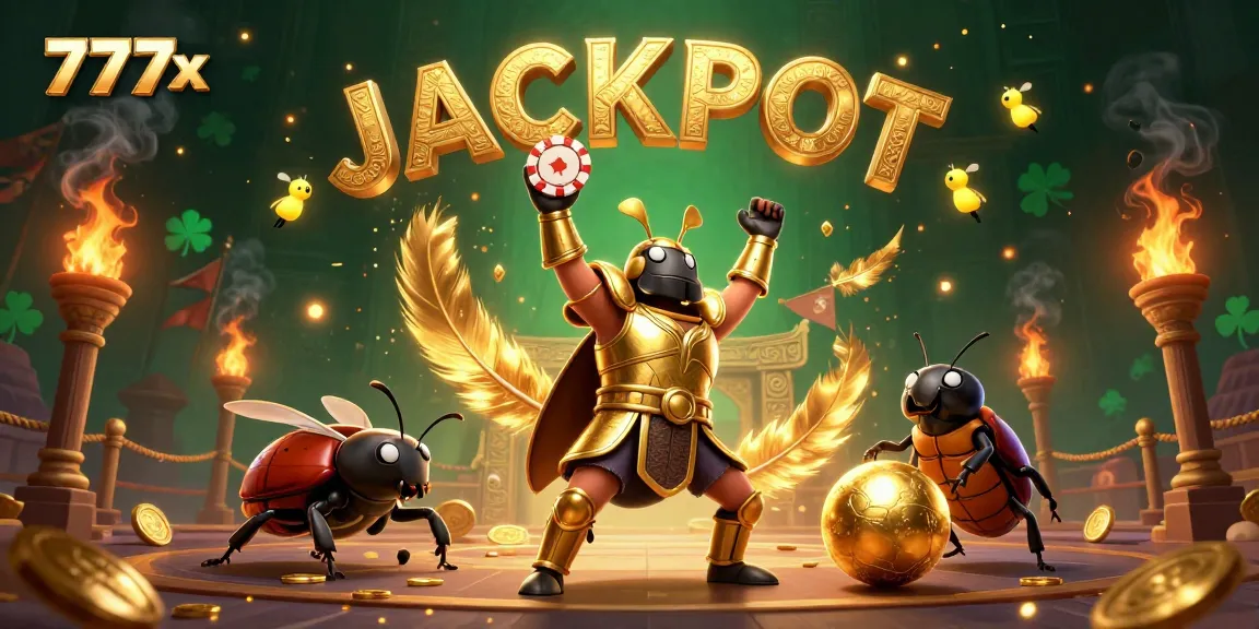 Experience the thrilling world of 777x with a victorious beetle lifting a poker chip amidst a vibrant casino scene.