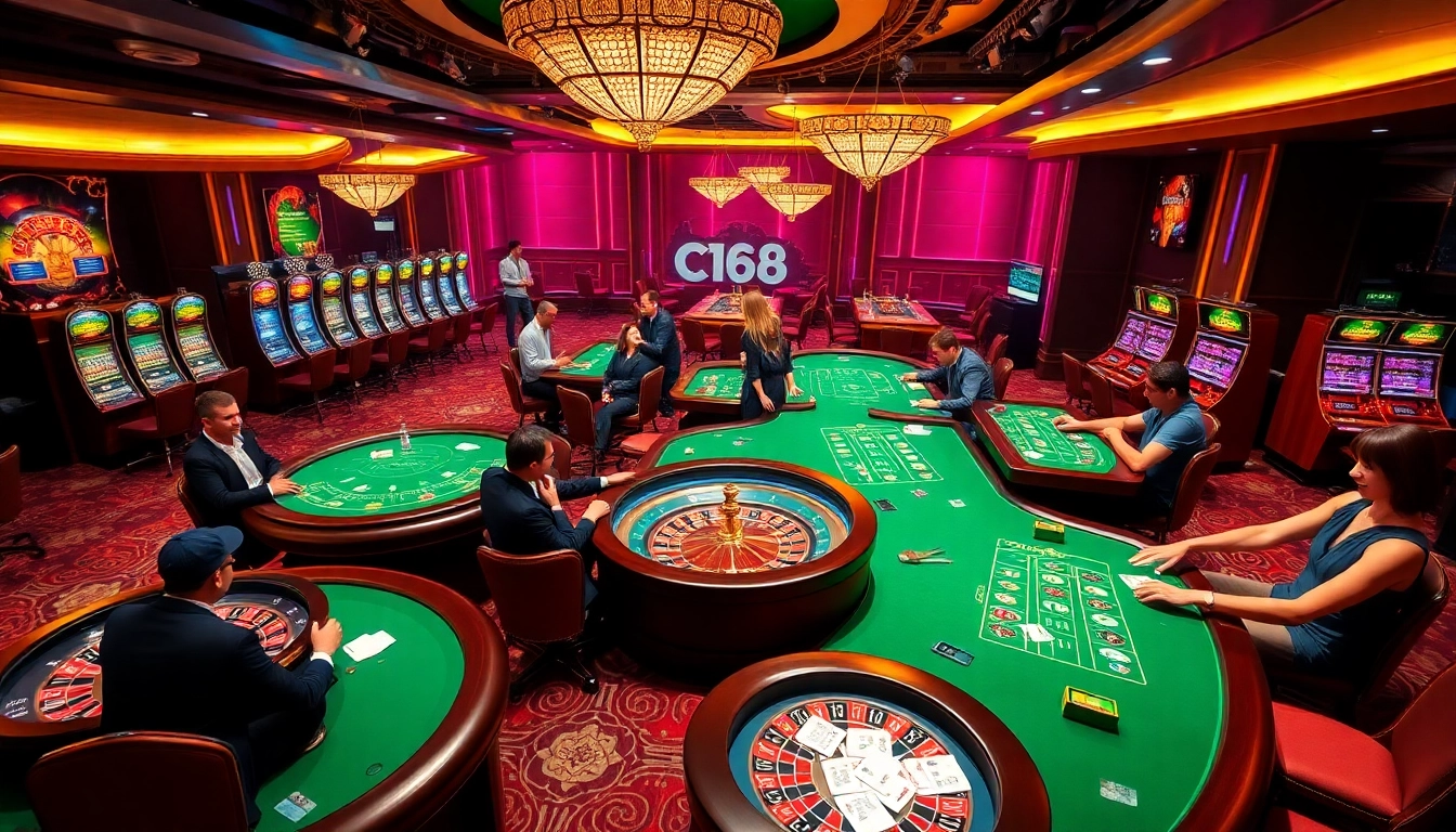 C168 online casino scene showcasing poker games and vibrant slot machines in a luxurious environment.