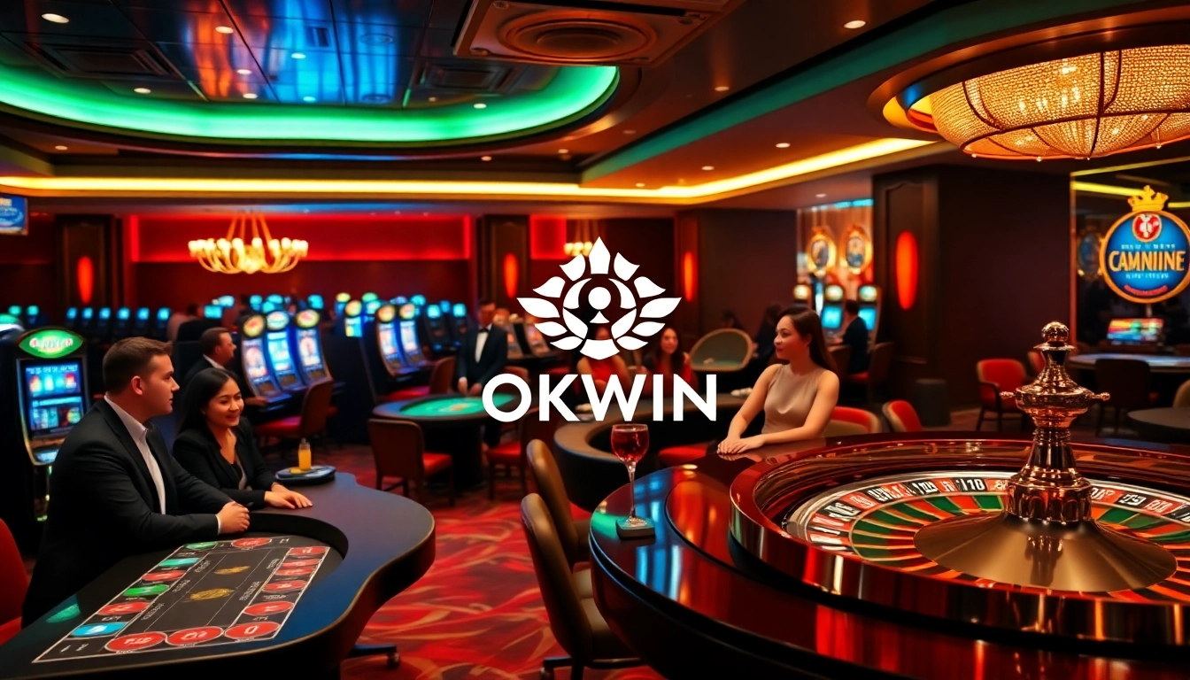 Players enjoying a thrilling game experience at OKWIN casino with vibrant slot machines and poker tables.